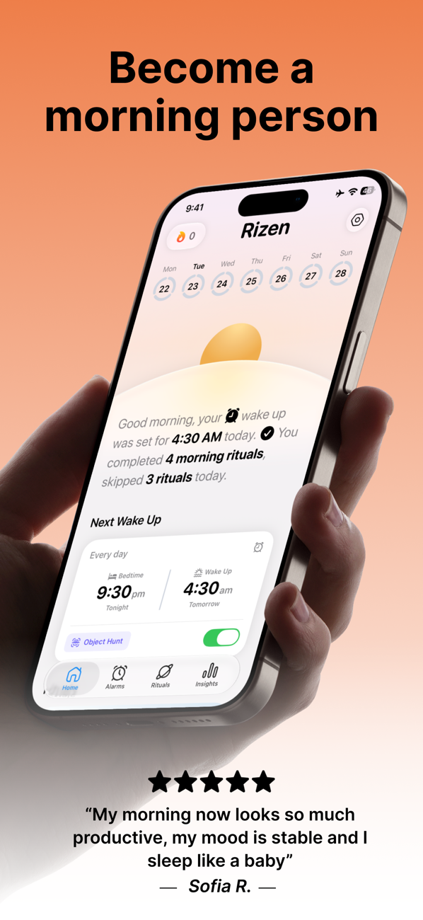 Rizen home screen — become a morning person with a 4:30 AM wake-up and daily rituals