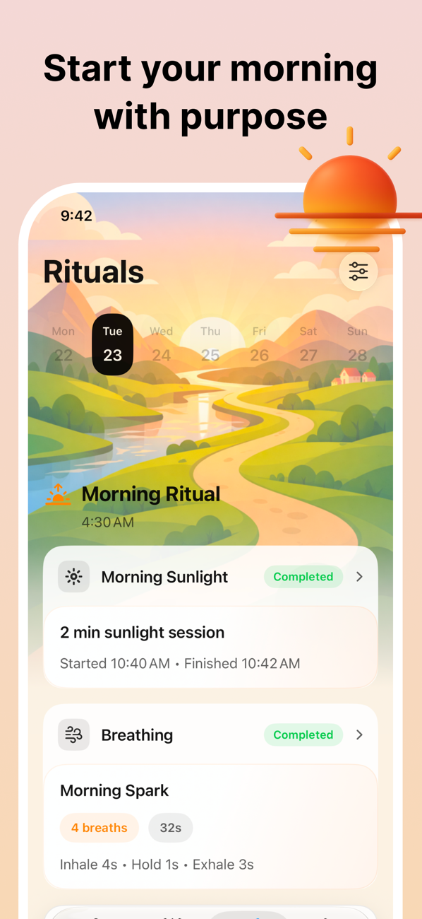 Rizen morning ritual screen with sunlight session and breathing exercise completed