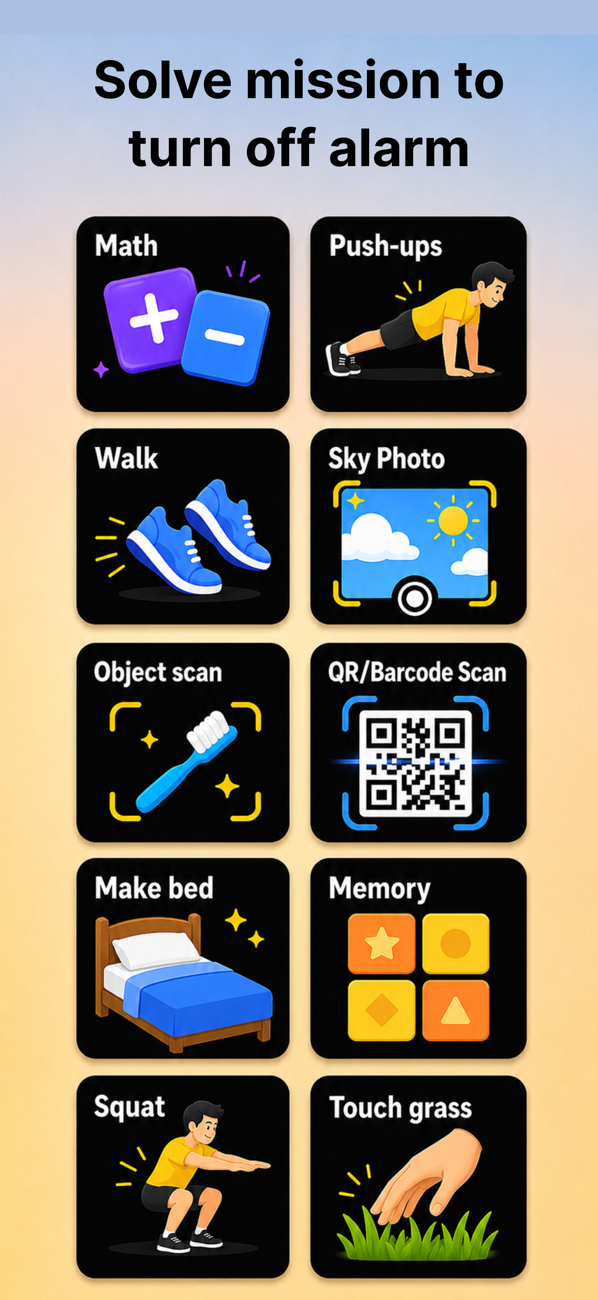 Rizen wake-up missions grid: math, push-ups, walk, sky photo, object scan, QR code, make bed, memory, squat, touch grass