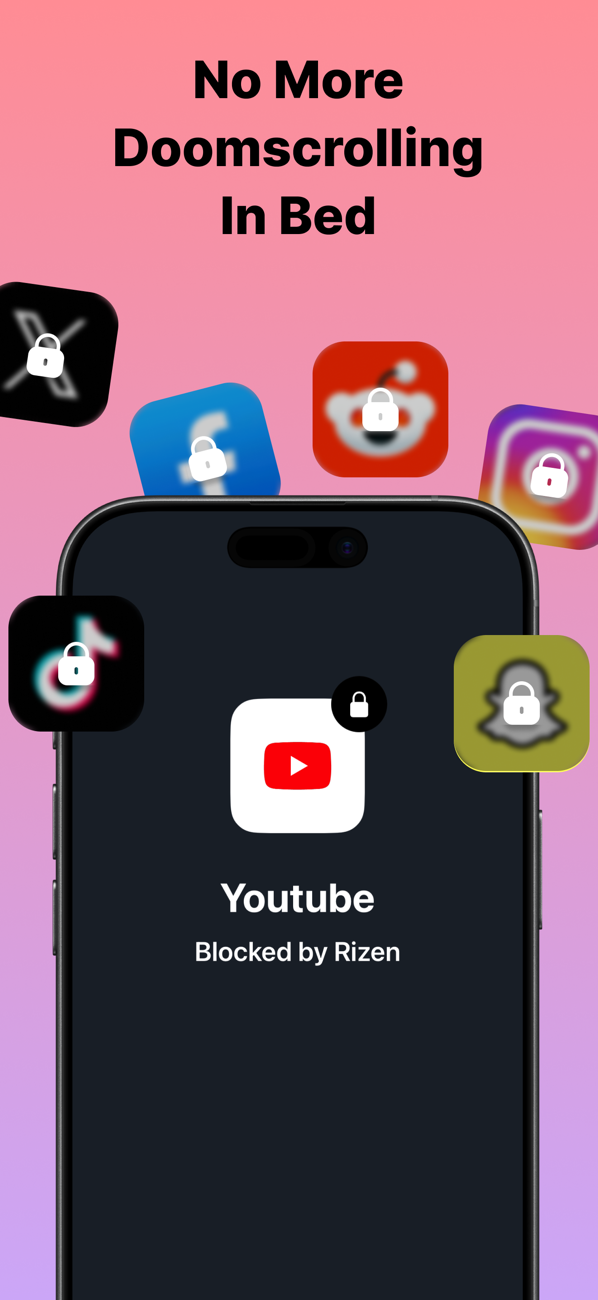 Rizen app blocking screen — YouTube blocked at night to stop doomscrolling in bed