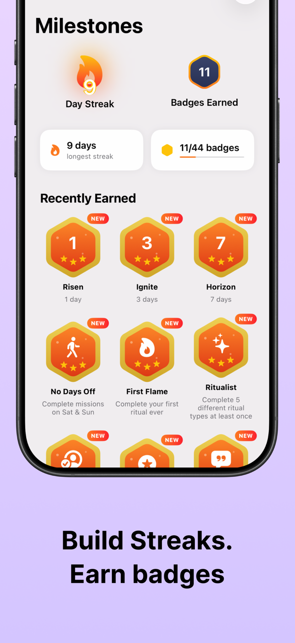 Rizen milestones screen showing a 9-day streak and earned badges